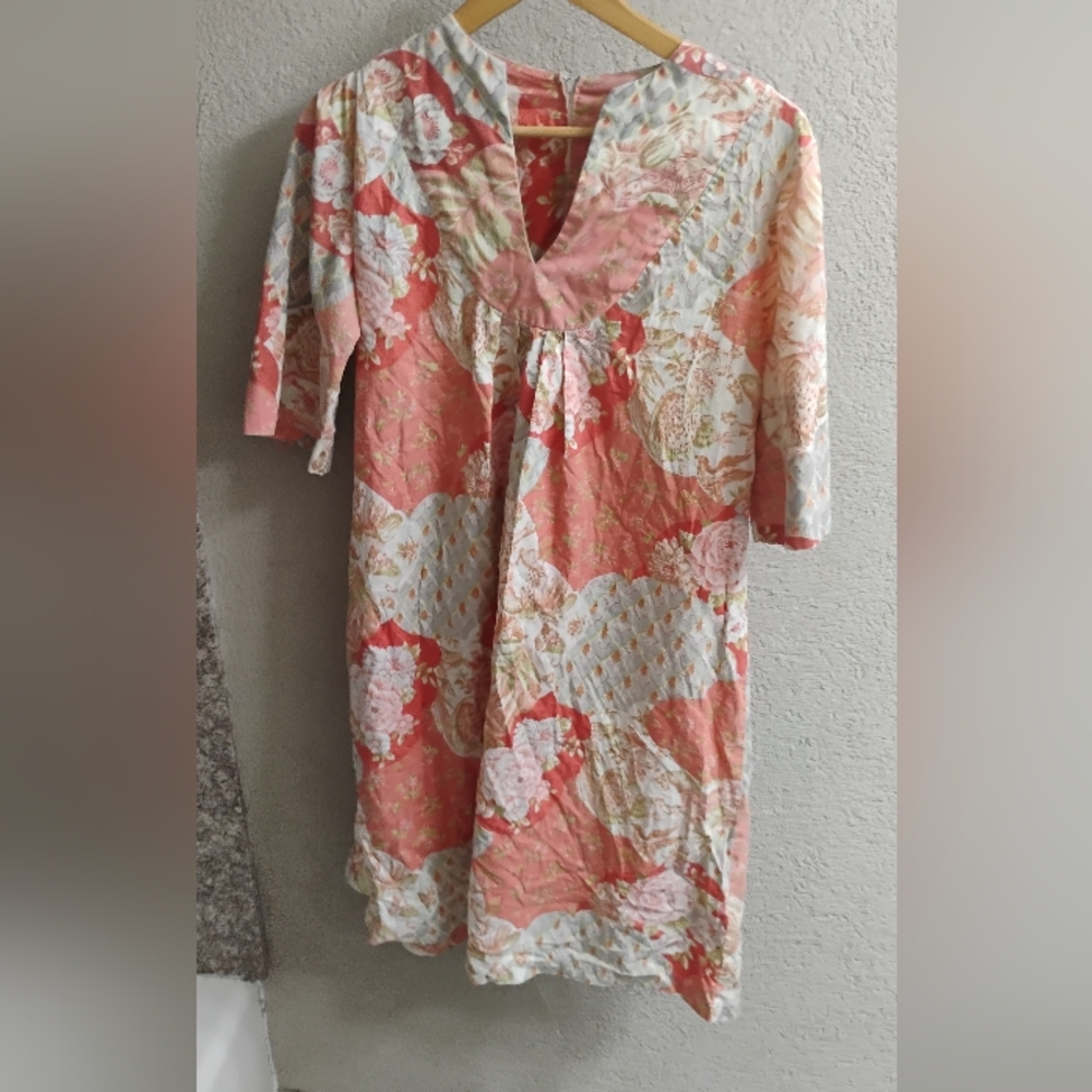 Vintage 1970s Bohemian Print Notched Neckline Shift Dress Unlabelled